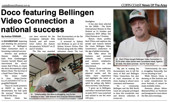 Newspaper article about short documentary Return Chute titled "Doco featuring Bellingen Video Connection a national success" with photos of store owner Rod O'Hara